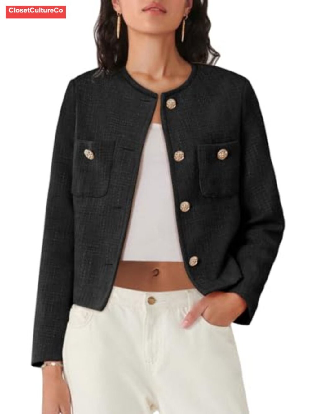 Tweed Cropped Blazer Button Down Long Sleeve Jacket Polyester